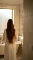 Woman in white bathrobe with long brown hair standing in luxury marble bathroom looking out window during golden hour morning light for spa wellness concept.