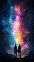 Silhouette of couple holding hands while gazing at vibrant colorful galaxy in night sky, featuring blue, orange and pink nebula clouds among stars.