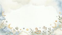 Watercolor nursery border with sleeping moon, clouds, stars, botanical elements, and rocking horse on white background. Isolated design for baby products, invitations, and children's decor.