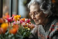Smiling senior Asian woman with gray hair and glasses admiring colorful spring tulips near window, wearing knitted sweater. Natural light creates warm atmosphere.