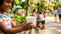 Young girl with medium skin tone holding a disposable cup at outdoor summer gathering, smiling while enjoying beverage with blurred community event and trees in background.
