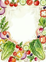 Fresh vegetables arranged in a colorful frame with tomatoes, cucumbers, lettuce, peppers and onions on white background, ideal for food and recipe design projects.