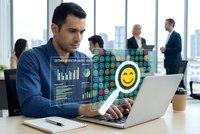 Professional businessman analyzing data analytics dashboard with smiley face icon in modern office environment with colleagues working in background.