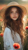 Young woman with long brown wavy hair wearing straw hat and white blouse poses in poppy field during golden hour sunset, natural beauty portrait with soft backlight.