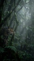 Clouded leopard hiding behind moss-covered tree trunk in misty tropical rainforest with lush green vegetation and atmospheric lighting for wildlife photography.