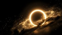 Black hole with glowing accretion disk and bright orange light ring surrounded by cosmic dust and stars in deep space astronomy concept.