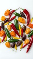 Colorful assorted hot chili peppers in various shapes and sizes scattered on white background for culinary and cooking projects.