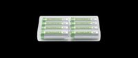 Eight rechargeable AA batteries in a clear plastic storage case, isolated on transparent background. Ready for product design, clipart, stickers, and print on demand use.