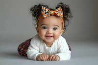Smiling mixed race baby girl in white sweater and plaid pants lying on stomach, wearing orange floral bow headband against neutral background.