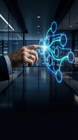 Businessman hand touching glowing neon network nodes in modern office, representing digital connectivity, data sharing, and technology innovation for business solutions.