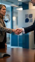 Mature Caucasian businesswoman and male colleague shaking hands in modern office conference room, sealing deal or agreement during professional meeting.
