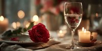 Romantic dinner setting with red rose, wine glass and candles creating intimate atmosphere for Valentine's Day celebration or anniversary date night.