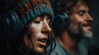 Young woman and bearded man recording podcast or radio show in professional studio with microphones and headphones during broadcast session.