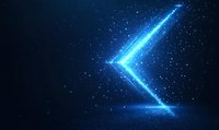 Glowing blue neon arrow pointing left with sparkle particles effect on dark background, modern digital technology concept for navigation and direction.