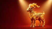 Golden ornate goat sculpture with intricate decorative patterns and flame-like details on warm gradient background for luxury design projects.