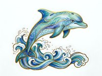Decorative dolphin leaping from ornamental waves with intricate blue and gold patterns, isolated on white background for design projects and artwork applications.