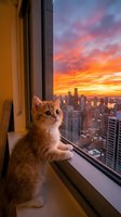 Orange tabby kitten gazing out high-rise window at dramatic sunset over urban skyline with golden and pink clouds illuminating downtown cityscape below.