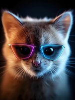 Cool cat wearing stylish split-colored sunglasses against dark background, illuminated by contrasting blue and orange neon lighting creating dramatic mood.