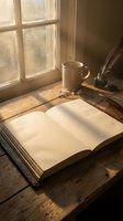 Open book with coffee mug and quill pen on wooden desk by window with warm sunlight streaming through creating peaceful reading atmosphere.