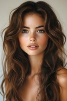 Close-up portrait of young woman with wavy brown hair, blue eyes, and natural freckles against neutral background, ideal for beauty and skincare campaigns.