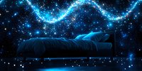 Person sleeping in bed under starry cosmic sky, glowing blue nebula and stardust swirling above, dreamy nighttime bedroom scene with magical atmosphere.