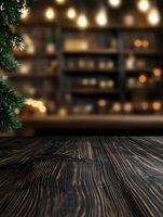 Christmas wooden table with blurred festive kitchen background and warm lights for holiday product display and seasonal food photography.