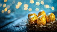 Golden glitter Easter eggs in natural nest against blue bokeh background, festive holiday composition with decorative elements and soft lighting.