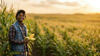 Farmer in blue plaid shirt holding corn ear in golden sunset field, agricultural professional inspecting crop harvest in rural farmland setting.