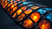 Glowing orange and blue mosaic pattern of illuminated glass tiles creating dramatic lighting effect against dark background, abstract architectural detail.
