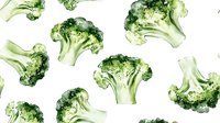 Fresh broccoli florets scattered on white background, seamless pattern design for healthy food packaging, kitchen textiles and vegetarian menu layouts.
