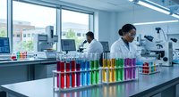 Modern laboratory with colorful test tubes and scientists conducting research experiments in bright medical facility workspace.
