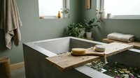 Serene spa-style bathroom with concrete bathtub, wooden tray, brush, and lush green plants for a calming self-care retreat.