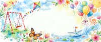 Watercolor spring summer frame with swing, kite, balloons, butterfly, paper boat and flowers on white background for children design projects.