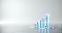 Transparent blue bar chart showing ascending growth trend on digital platform with glowing data points and network connections.