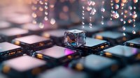Transparent ice cube on computer circuit board with bokeh lights and tech components, suitable for technology, innovation, and cooling system concepts.