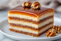 Layered caramel cake slice with walnut garnish on white plate, featuring alternating layers of cream, caramel, and cookie crumbs, topped with glossy caramel sauce.