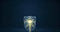 Glowing digital shield with illuminated cross and network connections on dark blue background, representing cybersecurity, faith-based protection, and technology integration for religious organizations.