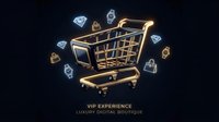 Golden shopping cart with floating diamonds and luxury bags on dark background for premium e-commerce and VIP retail experience marketing materials.