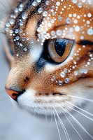 Close-up macro shot of orange cat eye with snow or water drops creating magical winter effect, showing detailed whiskers and fur texture in artistic composition.