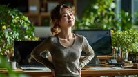 Young Caucasian woman stretching at wooden desk in green plant-filled home office workspace. Remote work wellness and ergonomic break concept.