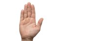 Human hand showing open palm in stop gesture isolated on white background for design and communication concepts.