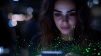 Young Caucasian woman illuminated by mystical green glowing particles against dark background with bokeh lights, expressing wonder and enchantment in magical atmosphere.