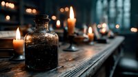 Vintage glass bottle with burning candles creating mystical atmosphere on rustic wooden table. Dark moody background with bokeh lights sets dramatic ambiance.