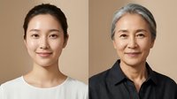 Young and mature Asian women showing aging process from youth to senior years with natural beauty and confidence against neutral background.