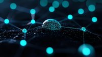 Glowing blue neural network nodes connected by light paths against dark background illustrate artificial intelligence and machine learning technology.