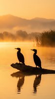 Two cormorants perched on a log at sunrise, silhouetted against golden water and misty mountains. Wildlife scene for nature and travel projects.