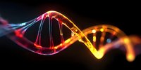 Glowing DNA double helix structure with vibrant neon colors on dark background for biotechnology and genetic research presentations.