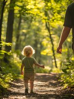 Young child with curly blonde hair walking on forest path with parent in magical summer sunlight, creating heartwarming family moment in nature setting.