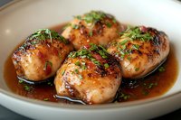 Glazed chicken thighs in savory Asian-inspired sauce garnished with fresh herbs and spices, served in white ceramic bowl with rich brown reduction.