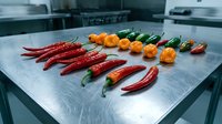 Fresh red chili peppers and orange habaneros arranged on stainless steel kitchen counter in commercial restaurant setting for culinary preparation.